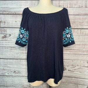 Talbots XL Navy Blue Off Shoulder Top Embroidered Sleeves Cotton